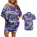 Melbourne Storm Rugby Couples Matching Off Shoulder Short Dress and Hawaiian Shirt Graffiti Typography Urban Camo Abstract Street Style