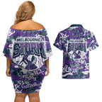 Melbourne Storm Rugby Couples Matching Off Shoulder Short Dress and Hawaiian Shirt Graffiti Typography Urban Camo Abstract Street Style