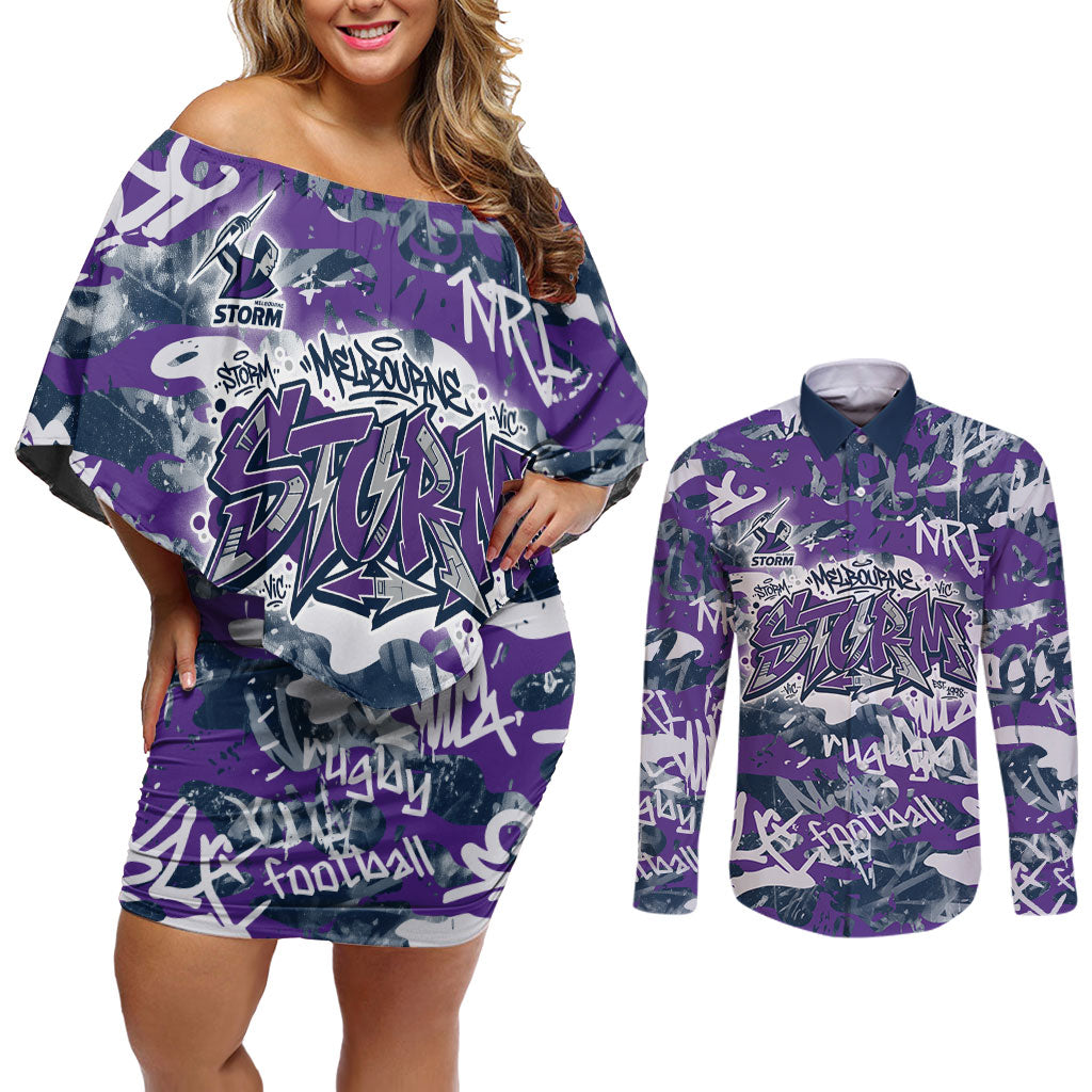 Melbourne Storm Rugby Couples Matching Off Shoulder Short Dress and Long Sleeve Button Shirt Graffiti Typography Urban Camo Abstract Street Style