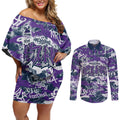 Melbourne Storm Rugby Couples Matching Off Shoulder Short Dress and Long Sleeve Button Shirt Graffiti Typography Urban Camo Abstract Street Style