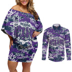 Melbourne Storm Rugby Couples Matching Off Shoulder Short Dress and Long Sleeve Button Shirt Graffiti Typography Urban Camo Abstract Street Style