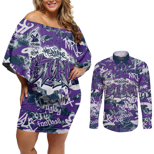 Melbourne Storm Rugby Couples Matching Off Shoulder Short Dress and Long Sleeve Button Shirt Graffiti Typography Urban Camo Abstract Street Style
