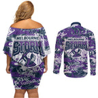 Melbourne Storm Rugby Couples Matching Off Shoulder Short Dress and Long Sleeve Button Shirt Graffiti Typography Urban Camo Abstract Street Style