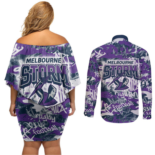 Melbourne Storm Rugby Couples Matching Off Shoulder Short Dress and Long Sleeve Button Shirt Graffiti Typography Urban Camo Abstract Street Style