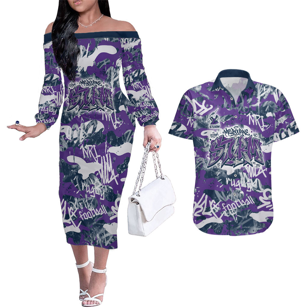 Melbourne Storm Rugby Couples Matching Off The Shoulder Long Sleeve Dress and Hawaiian Shirt Graffiti Typography Urban Camo Abstract Street Style