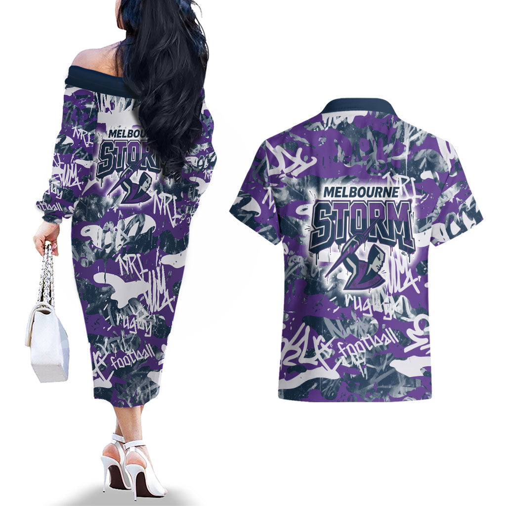 Melbourne Storm Rugby Couples Matching Off The Shoulder Long Sleeve Dress and Hawaiian Shirt Graffiti Typography Urban Camo Abstract Street Style