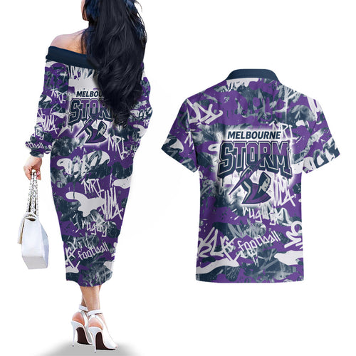 Melbourne Storm Rugby Couples Matching Off The Shoulder Long Sleeve Dress and Hawaiian Shirt Graffiti Typography Urban Camo Abstract Street Style