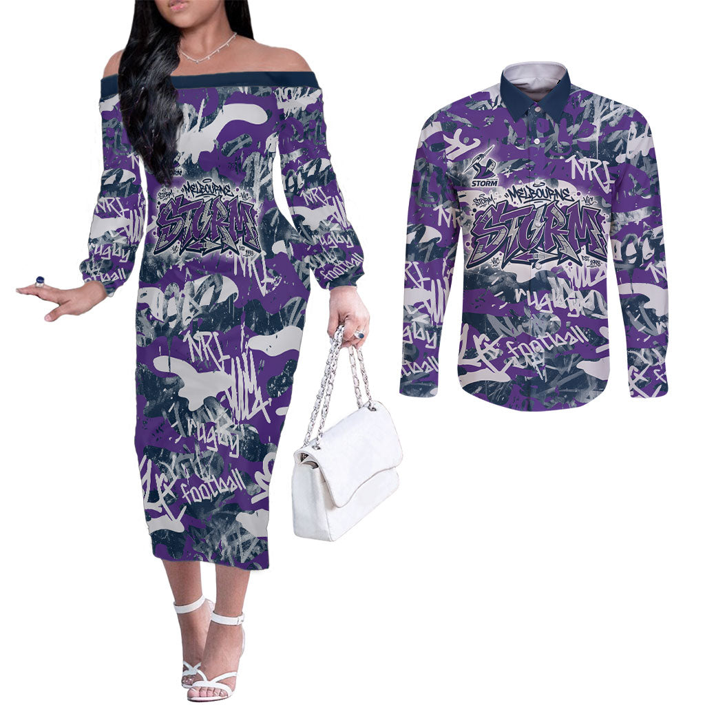Melbourne Storm Rugby Couples Matching Off The Shoulder Long Sleeve Dress and Long Sleeve Button Shirt Graffiti Typography Urban Camo Abstract Street Style