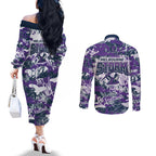 Melbourne Storm Rugby Couples Matching Off The Shoulder Long Sleeve Dress and Long Sleeve Button Shirt Graffiti Typography Urban Camo Abstract Street Style