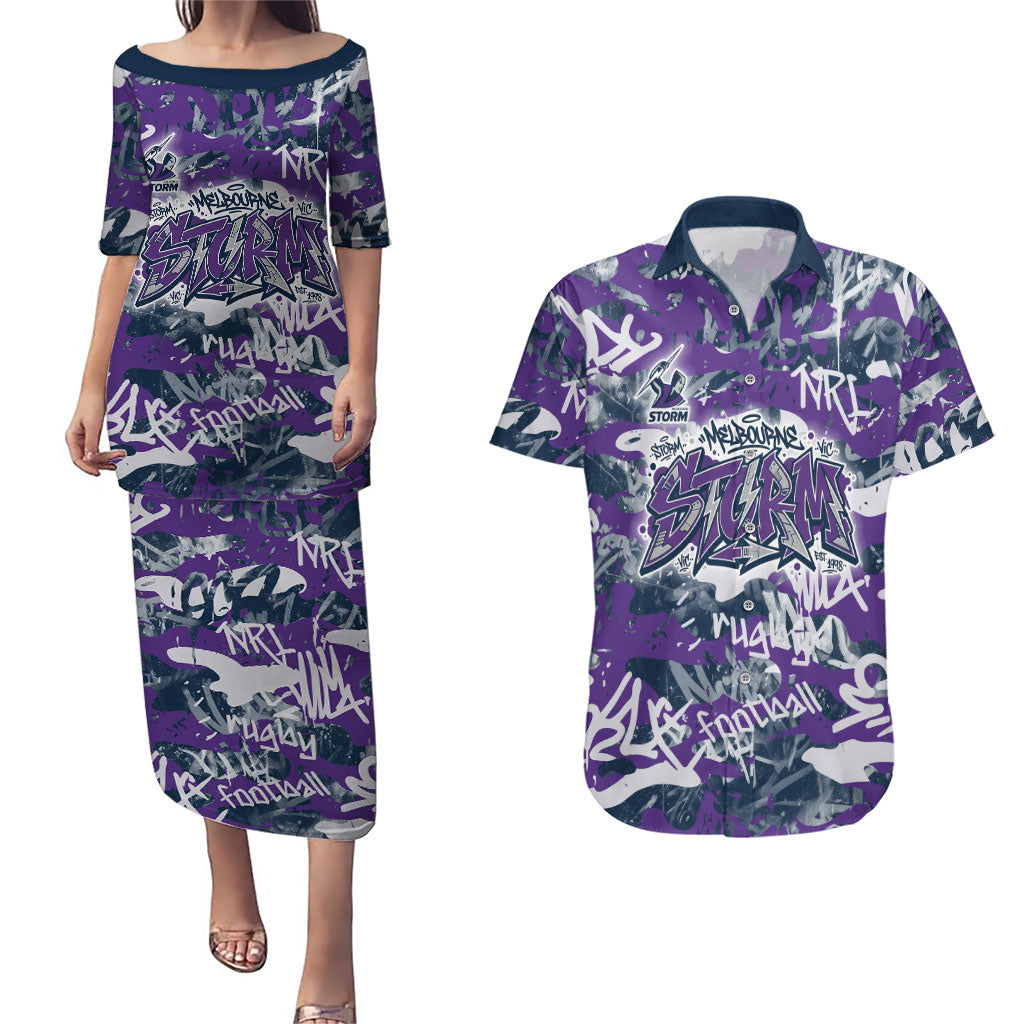 Melbourne Storm Rugby Couples Matching Puletasi and Hawaiian Shirt Graffiti Typography Urban Camo Abstract Street Style