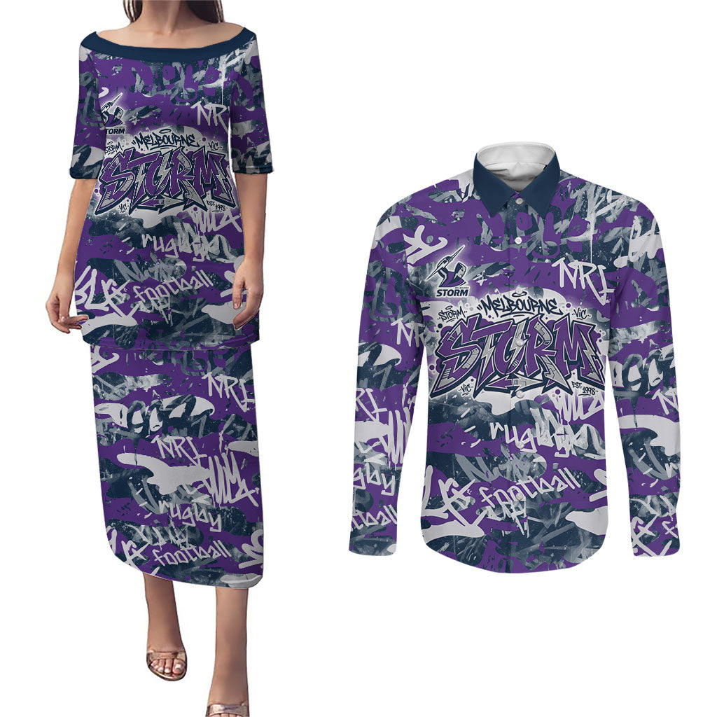 Melbourne Storm Rugby Couples Matching Puletasi and Long Sleeve Button Shirt Graffiti Typography Urban Camo Abstract Street Style