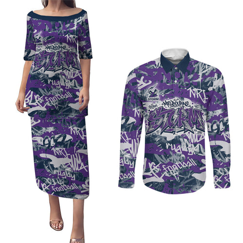 Melbourne Storm Rugby Couples Matching Puletasi and Long Sleeve Button Shirt Graffiti Typography Urban Camo Abstract Street Style