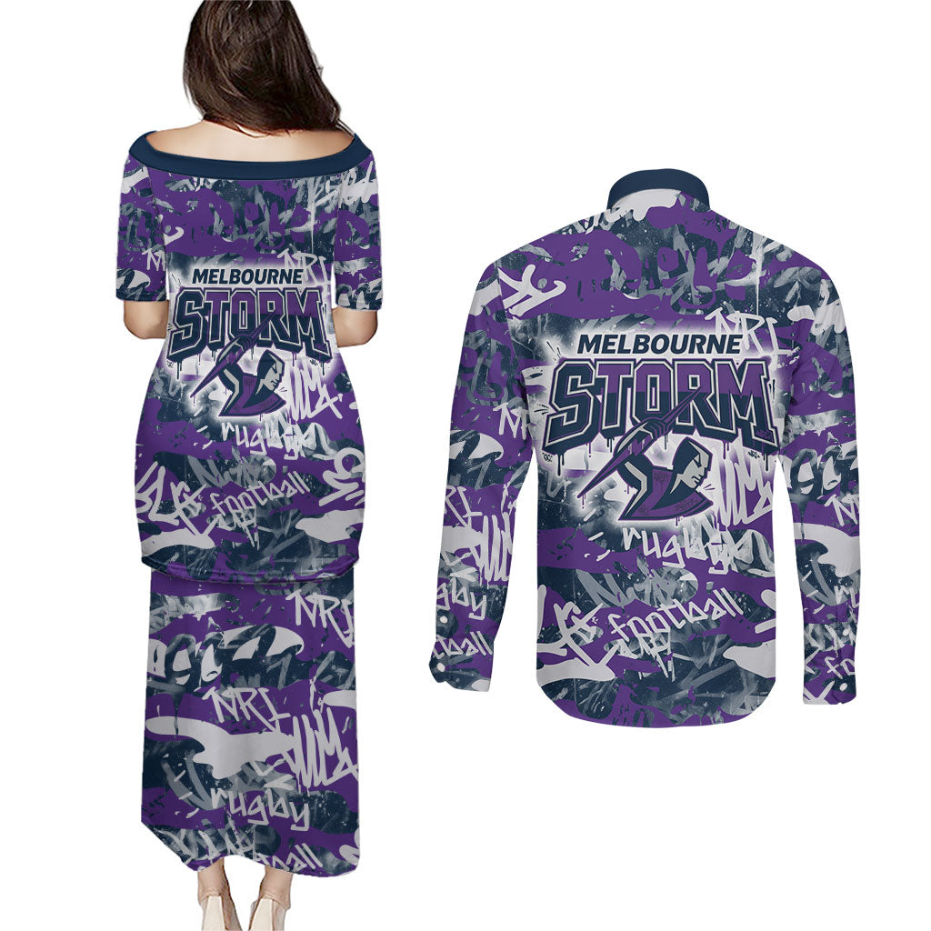 Melbourne Storm Rugby Couples Matching Puletasi and Long Sleeve Button Shirt Graffiti Typography Urban Camo Abstract Street Style