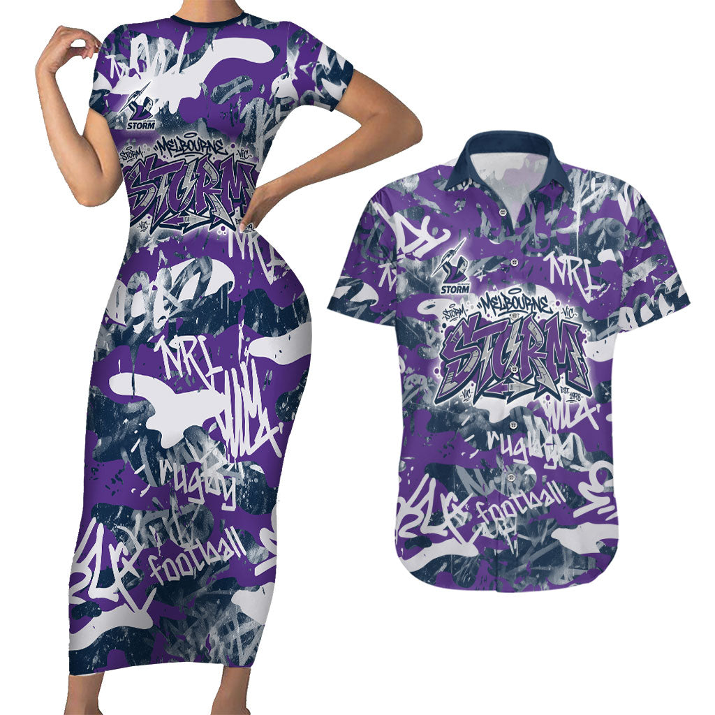 Melbourne Storm Rugby Couples Matching Short Sleeve Bodycon Dress and Hawaiian Shirt Graffiti Typography Urban Camo Abstract Street Style