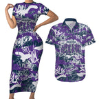 Melbourne Storm Rugby Couples Matching Short Sleeve Bodycon Dress and Hawaiian Shirt Graffiti Typography Urban Camo Abstract Street Style