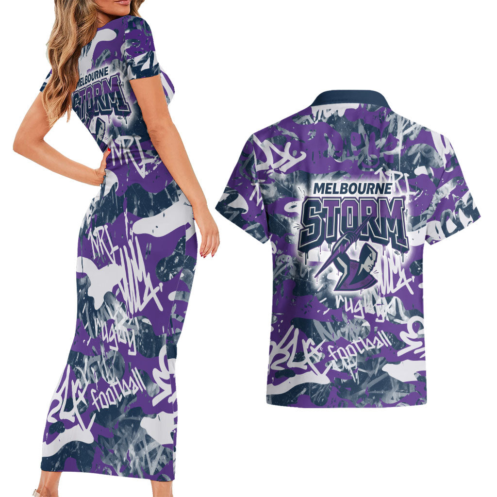 Melbourne Storm Rugby Couples Matching Short Sleeve Bodycon Dress and Hawaiian Shirt Graffiti Typography Urban Camo Abstract Street Style