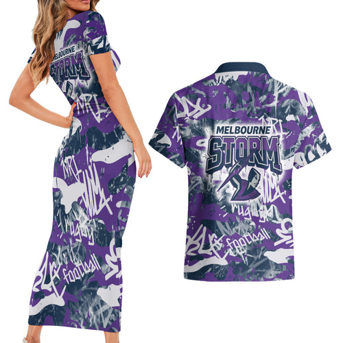 Melbourne Storm Rugby Couples Matching Short Sleeve Bodycon Dress and Hawaiian Shirt Graffiti Typography Urban Camo Abstract Street Style