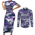 Melbourne Storm Rugby Couples Matching Short Sleeve Bodycon Dress and Long Sleeve Button Shirt Graffiti Typography Urban Camo Abstract Street Style