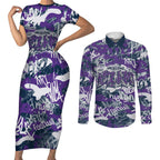 Melbourne Storm Rugby Couples Matching Short Sleeve Bodycon Dress and Long Sleeve Button Shirt Graffiti Typography Urban Camo Abstract Street Style