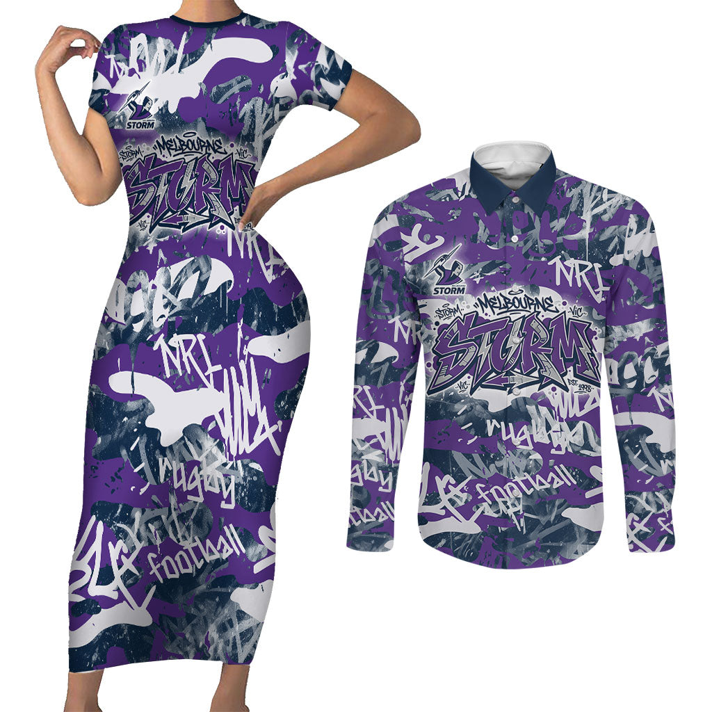 Melbourne Storm Rugby Couples Matching Short Sleeve Bodycon Dress and Long Sleeve Button Shirt Graffiti Typography Urban Camo Abstract Street Style