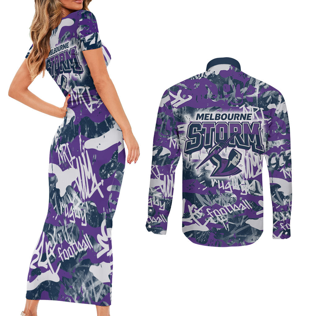 Melbourne Storm Rugby Couples Matching Short Sleeve Bodycon Dress and Long Sleeve Button Shirt Graffiti Typography Urban Camo Abstract Street Style