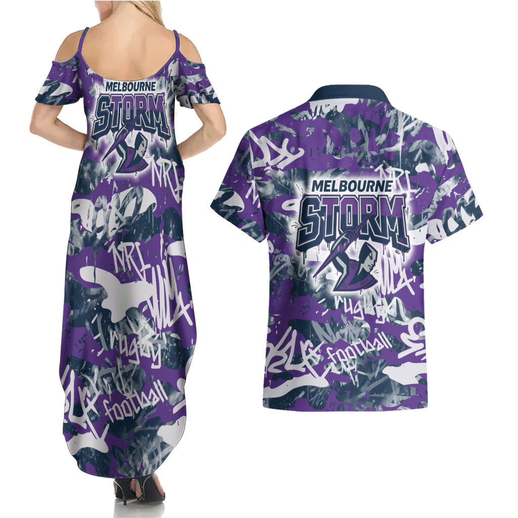 Melbourne Storm Rugby Couples Matching Summer Maxi Dress and Hawaiian Shirt Graffiti Typography Urban Camo Abstract Street Style