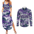 Melbourne Storm Rugby Couples Matching Summer Maxi Dress and Long Sleeve Button Shirt Graffiti Typography Urban Camo Abstract Street Style