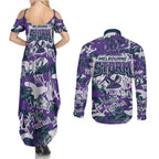 Melbourne Storm Rugby Couples Matching Summer Maxi Dress and Long Sleeve Button Shirt Graffiti Typography Urban Camo Abstract Street Style
