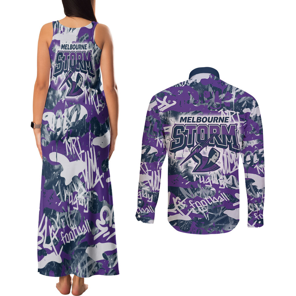 Melbourne Storm Rugby Couples Matching Tank Maxi Dress and Long Sleeve Button Shirt Graffiti Typography Urban Camo Abstract Street Style