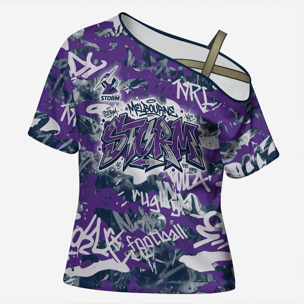 Melbourne Storm Rugby Cross Shoulder Shirt Graffiti Typography Urban Camo Abstract Street Style