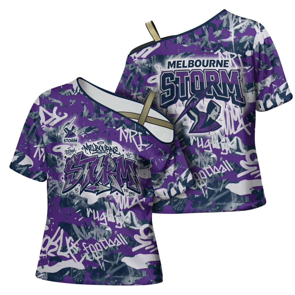 Melbourne Storm Rugby Cross Shoulder Shirt Graffiti Typography Urban Camo Abstract Street Style