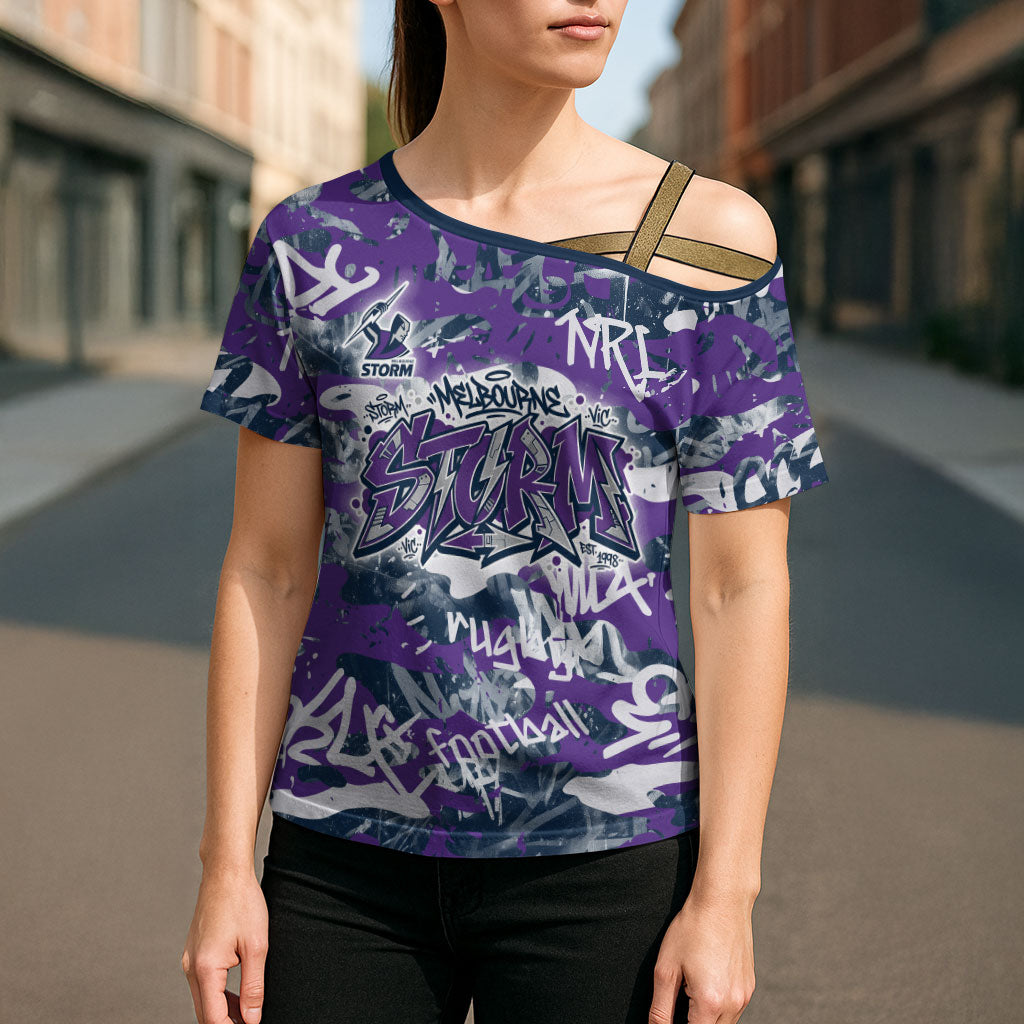 Melbourne Storm Rugby Cross Shoulder Shirt Graffiti Typography Urban Camo Abstract Street Style