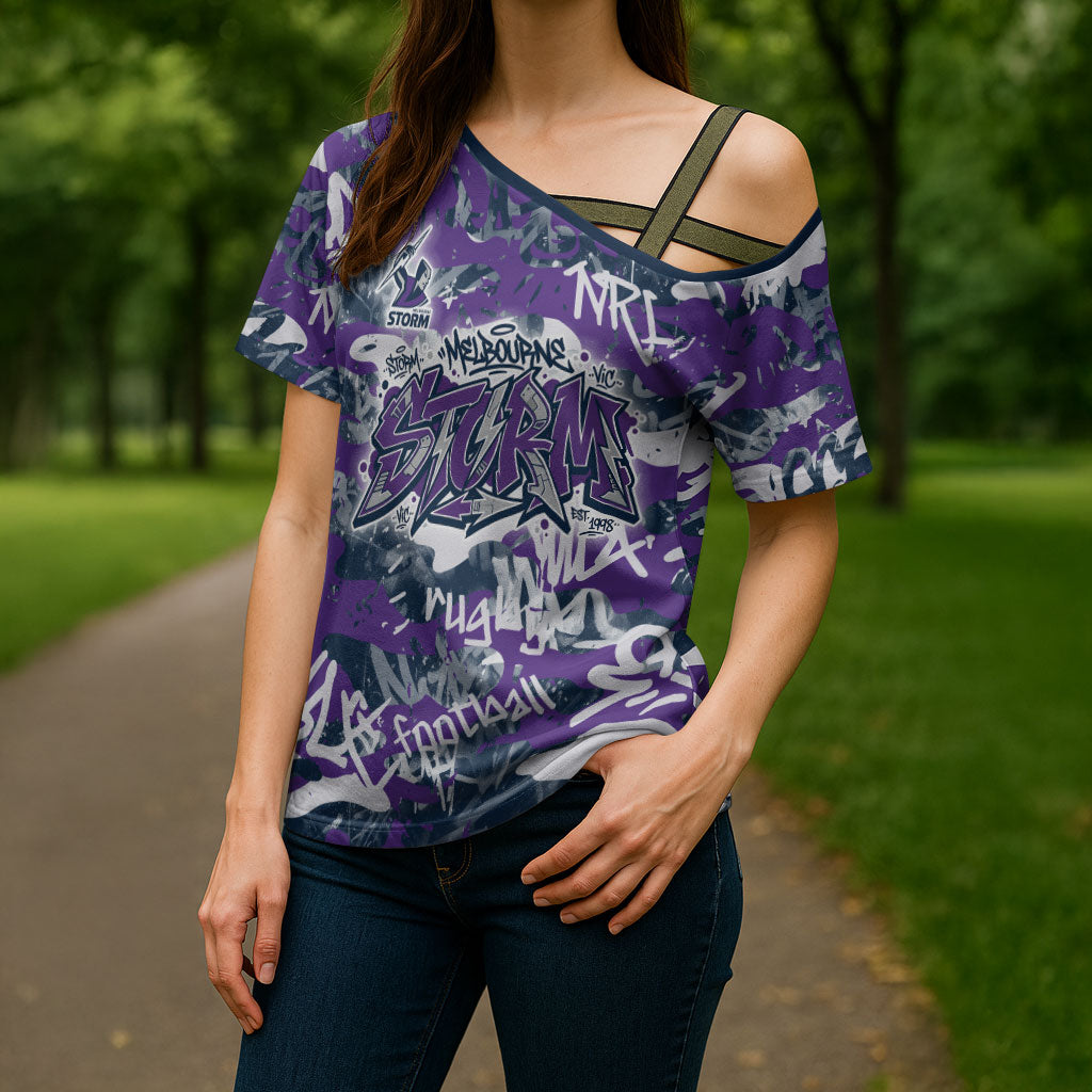 Melbourne Storm Rugby Cross Shoulder Shirt Graffiti Typography Urban Camo Abstract Street Style