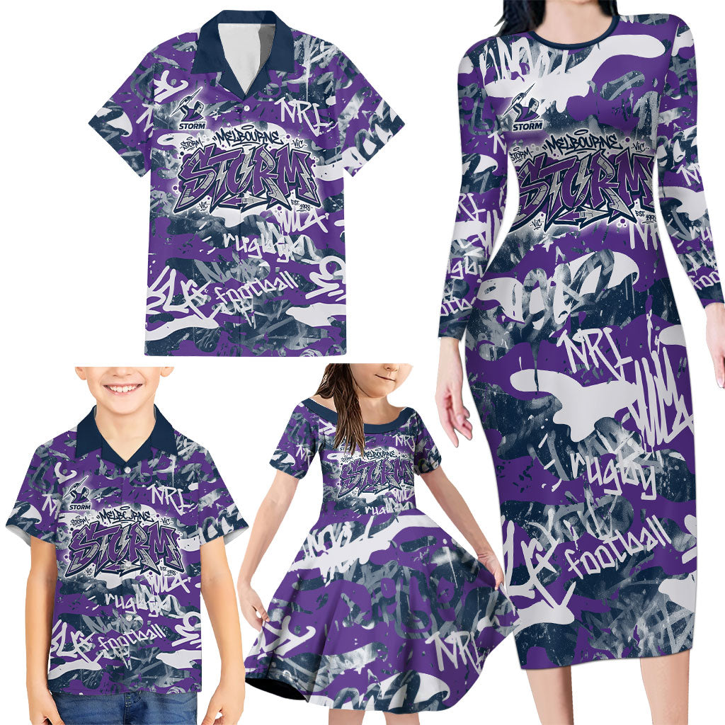 Melbourne Storm Rugby Family Matching Long Sleeve Bodycon Dress and Hawaiian Shirt Graffiti Typography Urban Camo Abstract Street Style