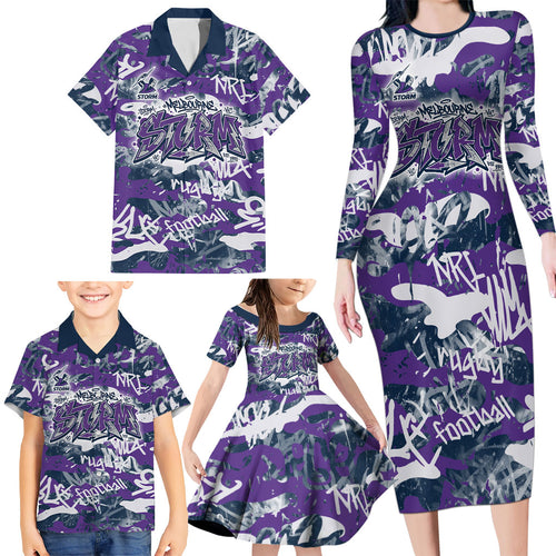 Melbourne Storm Rugby Family Matching Long Sleeve Bodycon Dress and Hawaiian Shirt Graffiti Typography Urban Camo Abstract Street Style
