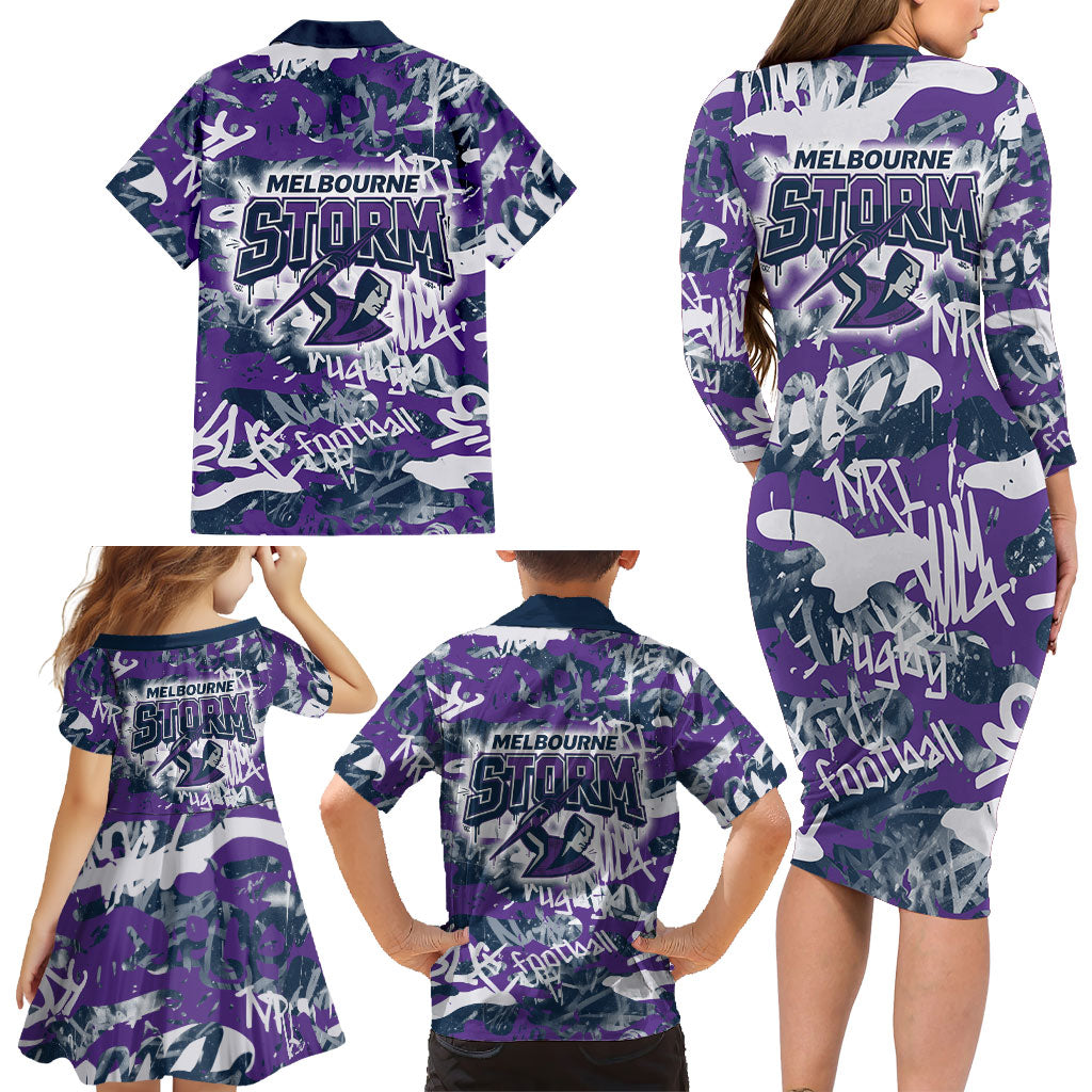 Melbourne Storm Rugby Family Matching Long Sleeve Bodycon Dress and Hawaiian Shirt Graffiti Typography Urban Camo Abstract Street Style