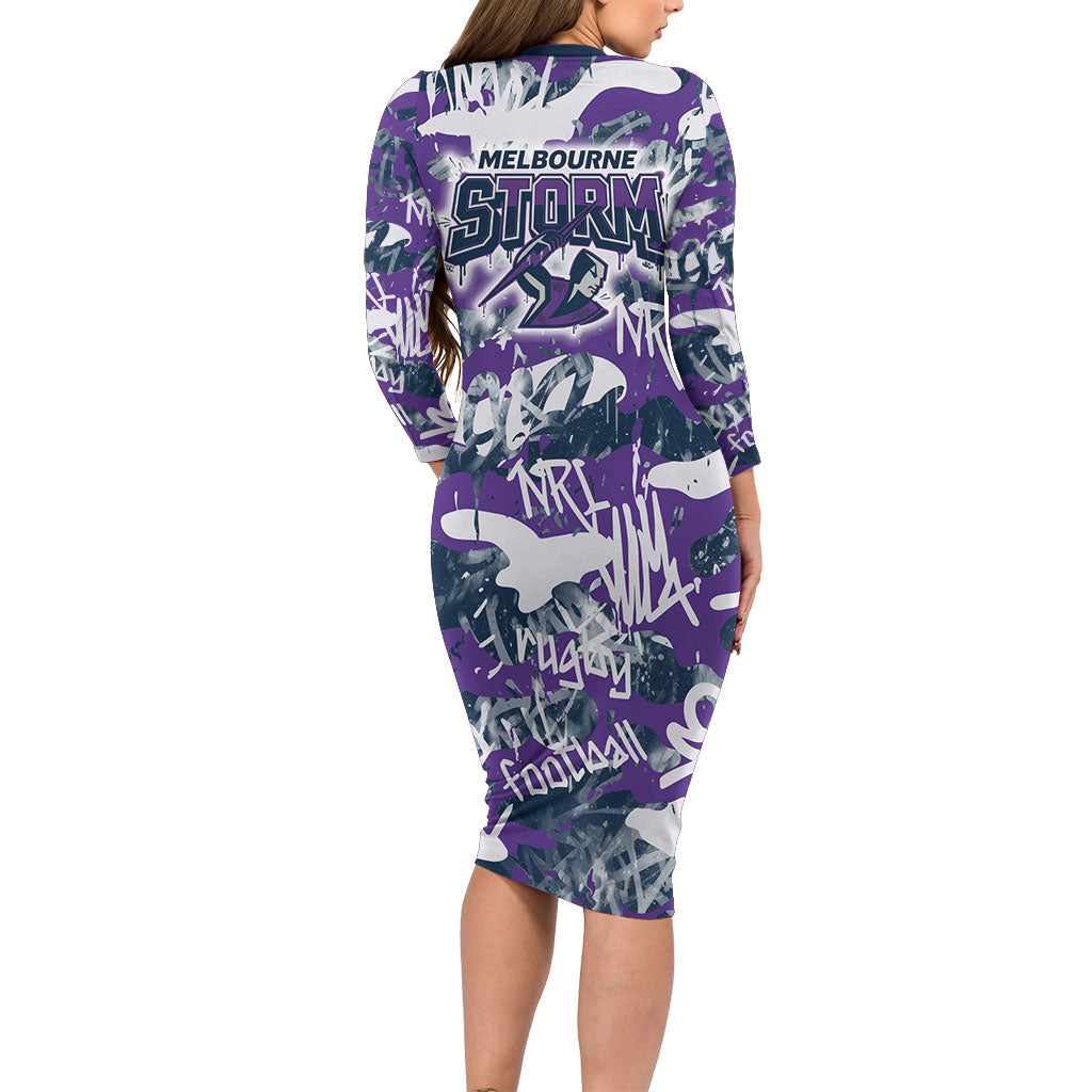 Melbourne Storm Rugby Family Matching Long Sleeve Bodycon Dress and Hawaiian Shirt Graffiti Typography Urban Camo Abstract Street Style