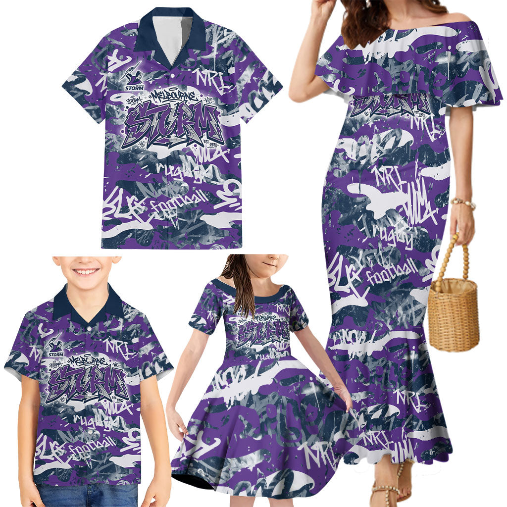 Melbourne Storm Rugby Family Matching Mermaid Dress and Hawaiian Shirt Graffiti Typography Urban Camo Abstract Street Style