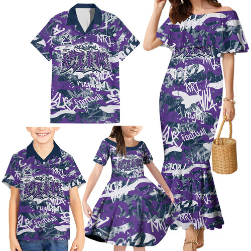 Melbourne Storm Rugby Family Matching Mermaid Dress and Hawaiian Shirt Graffiti Typography Urban Camo Abstract Street Style