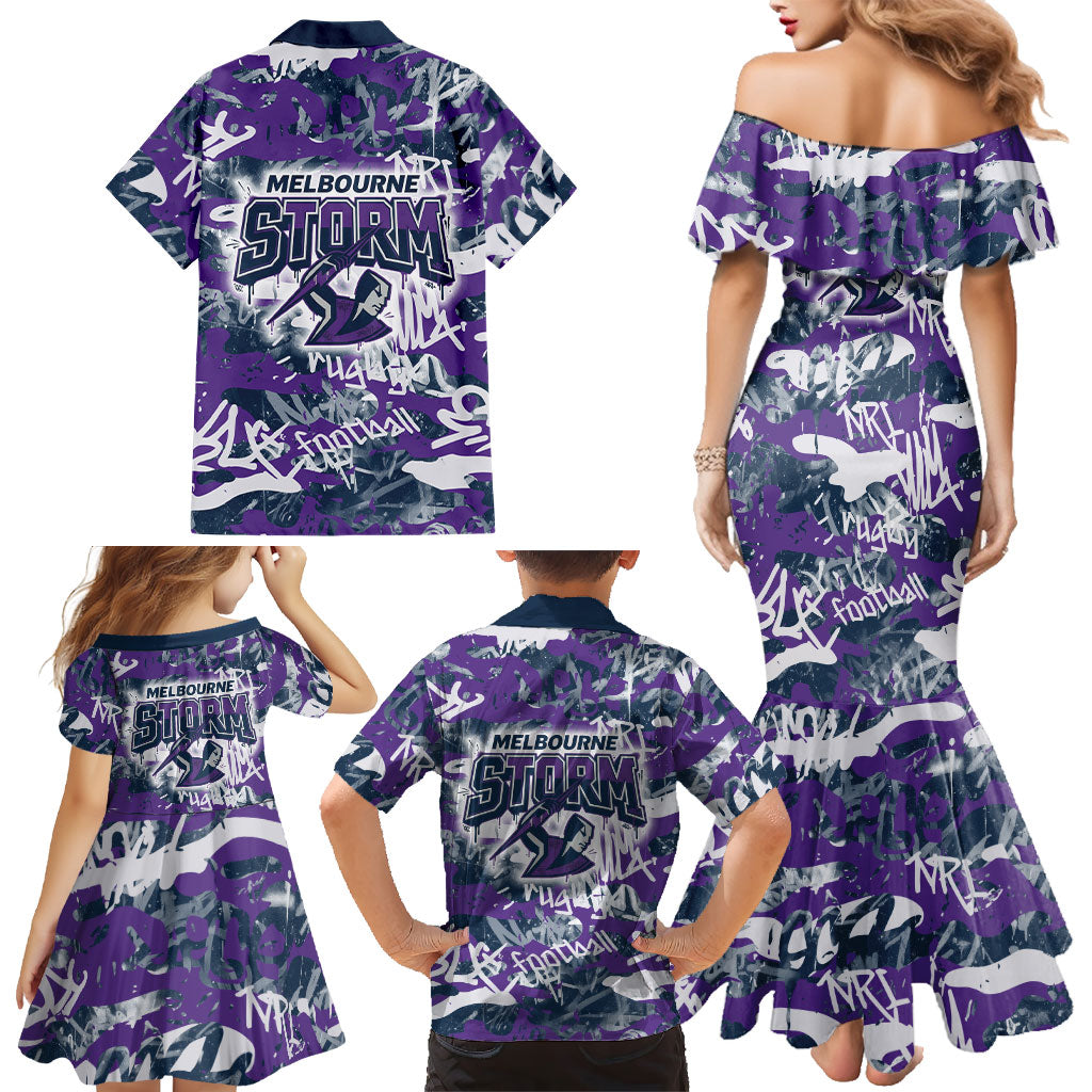 Melbourne Storm Rugby Family Matching Mermaid Dress and Hawaiian Shirt Graffiti Typography Urban Camo Abstract Street Style