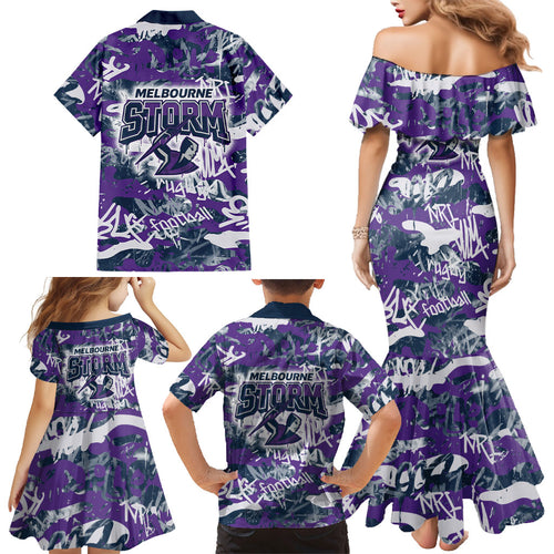 Melbourne Storm Rugby Family Matching Mermaid Dress and Hawaiian Shirt Graffiti Typography Urban Camo Abstract Street Style