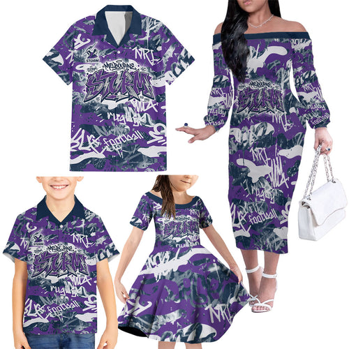 Melbourne Storm Rugby Family Matching Off The Shoulder Long Sleeve Dress and Hawaiian Shirt Graffiti Typography Urban Camo Abstract Street Style