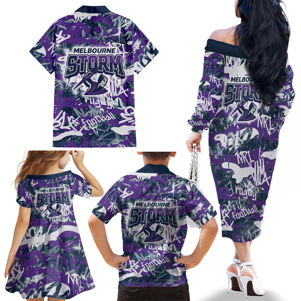 Melbourne Storm Rugby Family Matching Off The Shoulder Long Sleeve Dress and Hawaiian Shirt Graffiti Typography Urban Camo Abstract Street Style