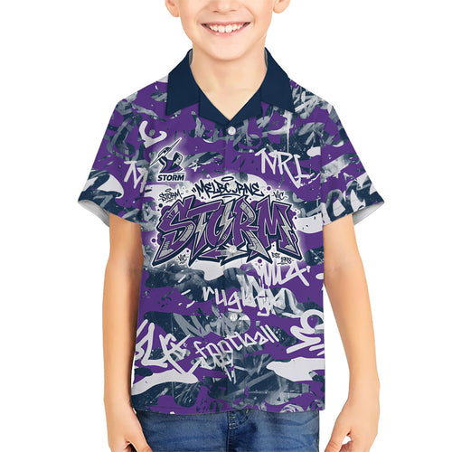 Melbourne Storm Rugby Family Matching Off The Shoulder Long Sleeve Dress and Hawaiian Shirt Graffiti Typography Urban Camo Abstract Street Style