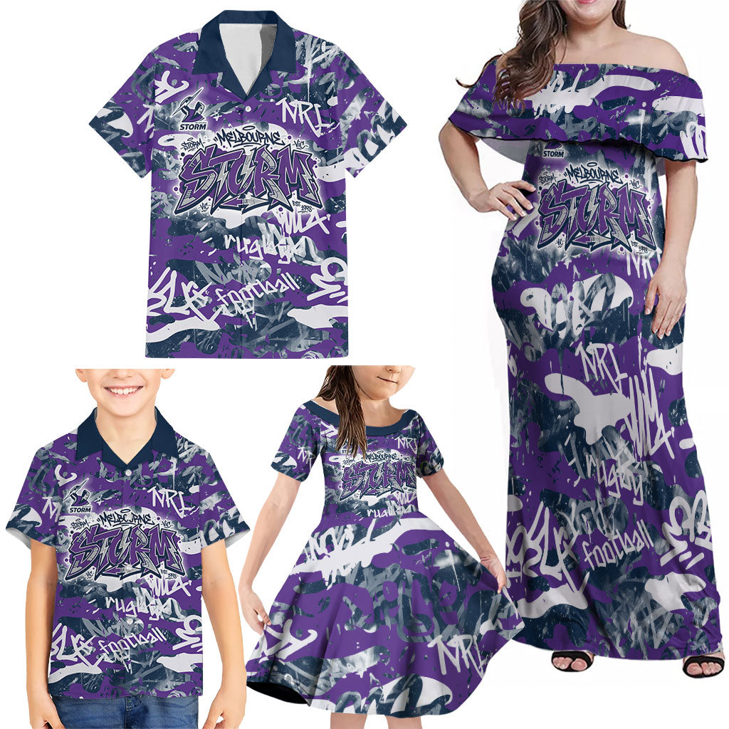 Melbourne Storm Rugby Family Matching Off Shoulder Maxi Dress and Hawaiian Shirt Graffiti Typography Urban Camo Abstract Street Style