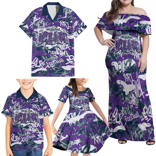 Melbourne Storm Rugby Family Matching Off Shoulder Maxi Dress and Hawaiian Shirt Graffiti Typography Urban Camo Abstract Street Style