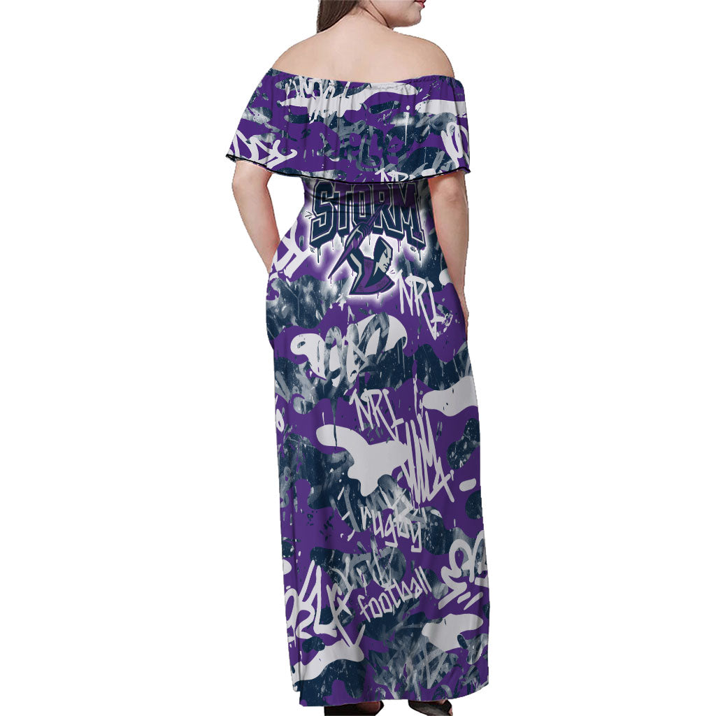 Melbourne Storm Rugby Family Matching Off Shoulder Maxi Dress and Hawaiian Shirt Graffiti Typography Urban Camo Abstract Street Style
