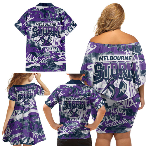 Melbourne Storm Rugby Family Matching Off Shoulder Short Dress and Hawaiian Shirt Graffiti Typography Urban Camo Abstract Street Style