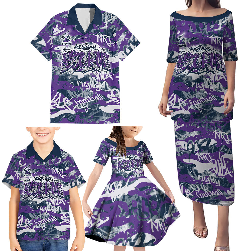 Melbourne Storm Rugby Family Matching Puletasi and Hawaiian Shirt Graffiti Typography Urban Camo Abstract Street Style