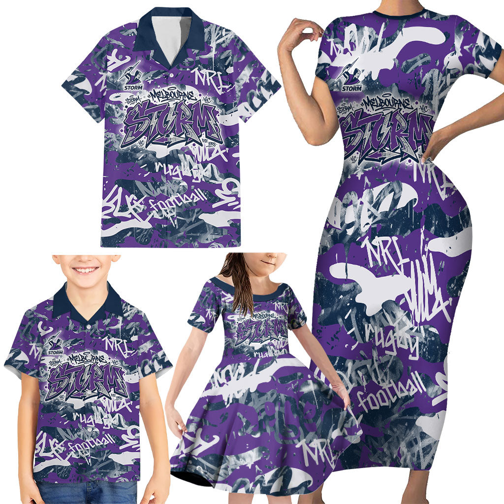 Melbourne Storm Rugby Family Matching Short Sleeve Bodycon Dress and Hawaiian Shirt Graffiti Typography Urban Camo Abstract Street Style